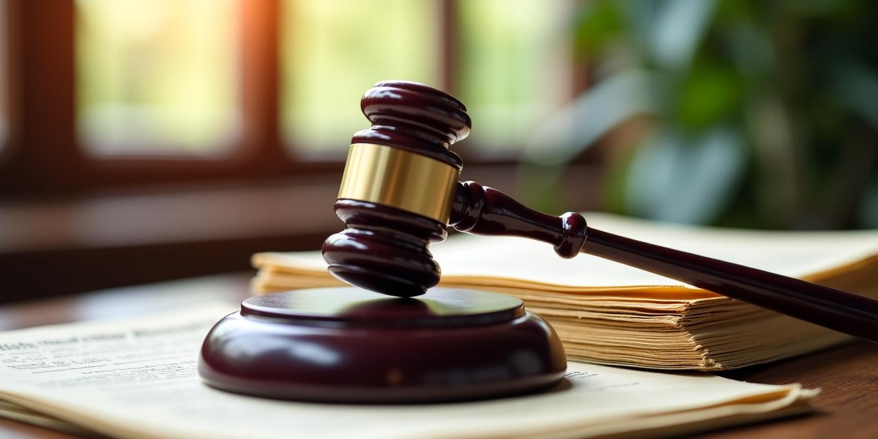 Close-up of a weathered legal gavel on a desk with papers