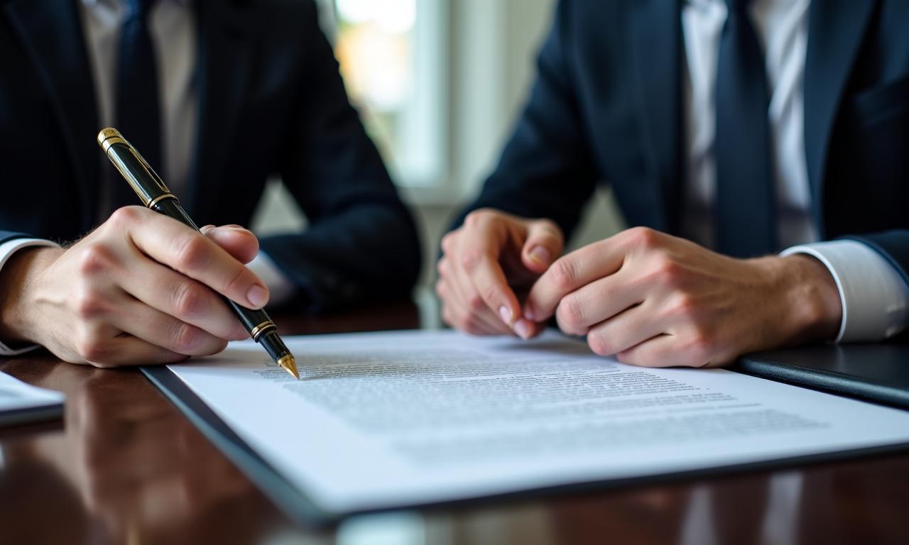 Two professionals discussing a contract across a wooden table