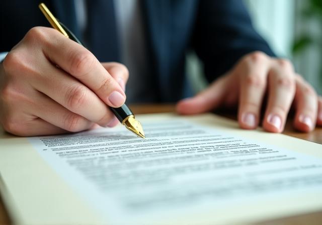 Close up of a legal professional reviewing documents with a gold fountain pen