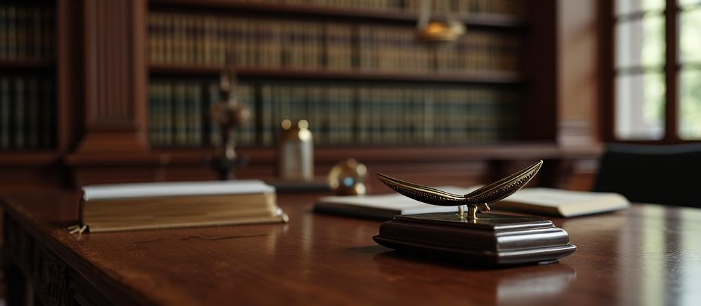 Stately legal library with leather-bound books and a quill pen